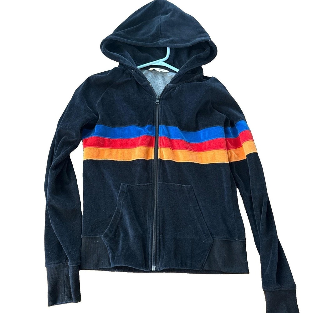 Vtg C&C California Hoodie Sweatshirt Small Y2K Rainbow stripe Black velour Zip